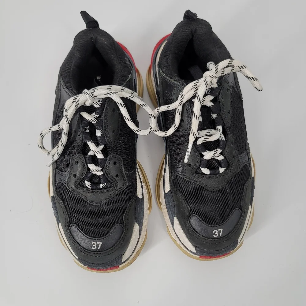 Balenciaga Black Leather Mesh Triple S Sneakers Size 7 HEAVY
